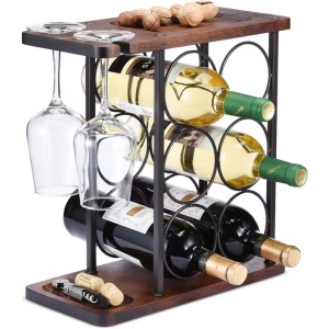 Suport pentru 6 sticle vin si 2 pahare din otel si lemn