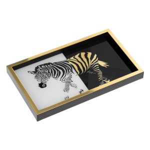 Tava decorativa dreptunghiulara, pentru decoratiuni sau servit, model zebra, 37x3x22cm, negru/auriu/alb - Img 1