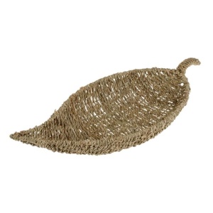 Tava decorativa in forma de frunza, din iarba de mare, cu cadru metalic, 46x20x6 cm, bej - Img 1