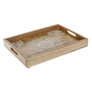Tava decorativa pentru servit cu model sculptat de tip mandala, din lemn, 38x28x5 cm, maro - Img 1