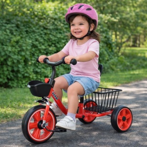 Tricicleta pentru copii 2 ani+, cu cos fata-spate, sa cu spatar si claxon, Rosu - Img 2