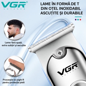 Trimmer Profesional VGR V-071, Lama T din Otel Inoxidabil, Autonomie 120 Minute, Incarcare USB, 3 Piepteni Inclusi, Argintiu - Img 5