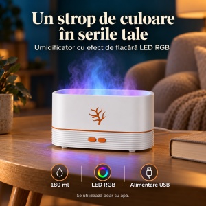 Umidificator de aer cu efect de flacără LED RGB, 180 ml, Alimentare USB, 2 moduri de pulverizare, Alb - Img 5