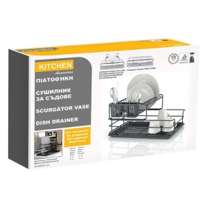 Uscator pentru vase, din metal, pe doua nivele, cu tava de colectare, dimensiuni 48x33x24cm, negru - Img 5