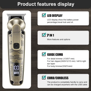 Aparat de Tuns Fara Fir, V-095, 7 in 1, 25 Accesorii, Baterie 1200mAh, 6500rpm, IPX6, Auriu - Img 8