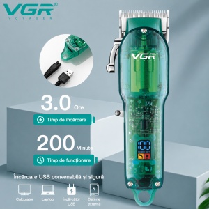 Aparat de tuns Profesional VGR V-660, Autonomie 200 Minute, Lama din Otel Inoxidabil, USB, Reglaj 0.8-12 mm, Afisaj LED, Transparent Verde - Img 6