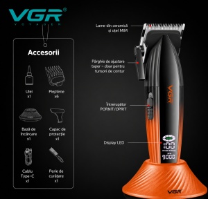 Aparat de tuns Profesional VGR V-889C, Motor 9000 RPM, Acumulator 2500 mAh, Lame Ceramice + DLC, Ecran LED, Autonomie 180 Minute - Img 2