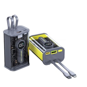 Baterie externa 15000mAh, 22.5W, fast charge, cu cabluri Lightning si USB Type C, afisaj digital, galben-gri - Img 2
