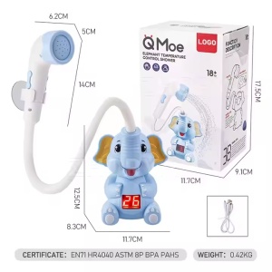 Cap de dus copii, in forma de elefant, cu control temperatura, plastic, albastru/galben/roz - Img 7