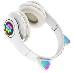 Casti On-Ear bluetooth 5.0, fara fir, cu urechi de pisica si lumina LED RGB, Alb - Img 3