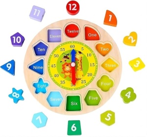 Ceas educativ din lemn, 3 in 1, pentru copii 3 ani+, diametru 22 cm, multicolor - Img 2