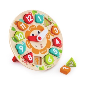 Ceas educativ din lemn pentru copii, puzzle cifre detasabile, invatarea orei si formelor, multicolor