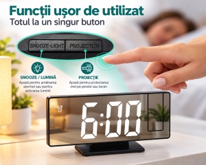 Ceas stil oglinda cu LED si proiectie, Alarma, Display mare - Img 4