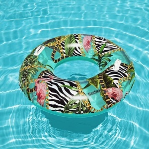 Colac Gonflabil cu Manere, Bestway, Model Lanturi, Frunze si Flamingo, Ø114cm, Turcoaz - Img 3