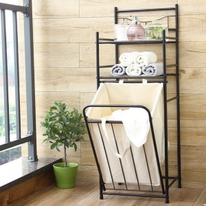Cos pentru rufe 7 l si raft organizator pentru baie cu 2 polite, metal, 38 x 35.5 x 105 cm, negru - Img 1