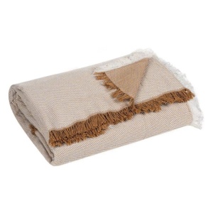 Cuvertura decorativa pentru canapea cu doua locuri, Model franjuri albi si maro, Dimensiune 230x180 cm