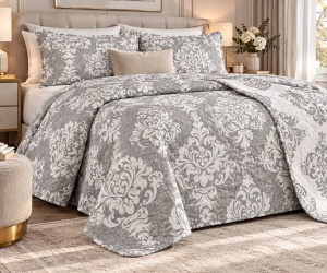 Cuvertura pentru pat dublu, cu doua fete, Model Damask, Dimensiune 220x240 cm, Culoare Gri - Img 2