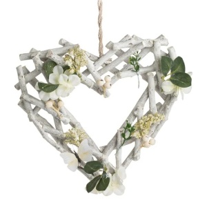 Decoratiune suspendabila in forma de inima, din lemn si flori, 30x5x29 cm, alb - Img 1
