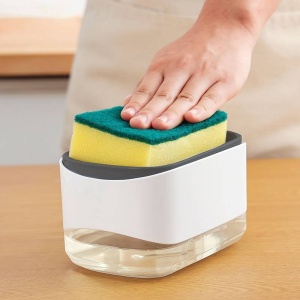 Dozator 2 in 1 pentru detergent lichid de vase, cu spatiu pentru burete, capacitate 350ml, alb cu gri - Img 2