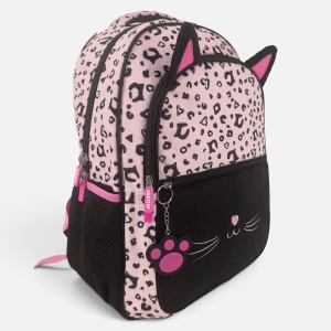 Ghiozdan Fete Scoala Primara, Negru/Roz, Model Leopard cu Pisicuta, Urechi 3D, Breloc, Spate Ergonomic, 20L, 30x16x42 cm - Img 2