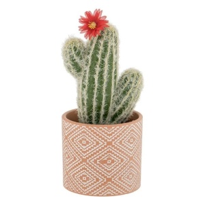 Ghiveci decorativ cu cactus artificial, cu floare rosie, 25 cm, verde/maro - Img 1
