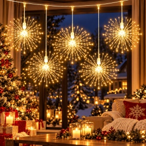 Instalatie LED cu 5 Artificii Decorative, Lungime 5m, 600 LED, 8 Moduri de Iluminare, Interior/Exterior, IP44, Alb Cald/Alb Rece/Multicolor