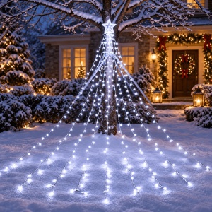 Instalație solară de Crăciun tip brad cu stea, 350 LED-uri, Lungime 3,5 m, Lumină caldă, rece sau multicoloră - Img 2