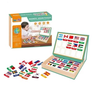 Joc educativ puzzle magnetic cu steagurile tarilor, cu tabla din lemn si market pentru desenat, 27x20x4.4cm, maro-verde - Img 1