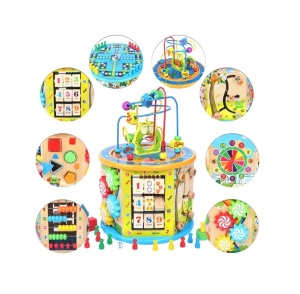 Jucarie educativa din lemn, tip hexagon, 8 in 1, centru de activitati, 36x20x25 cm, multicolor - Img 3
