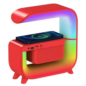 Lampa RGB fara fir, 5 in 1, cu functie de boxa, ceas, aparat de sunete, incarcator telefon 15W, 23.6x22.2x8.9cm, alb/rosu/roz - Img 4