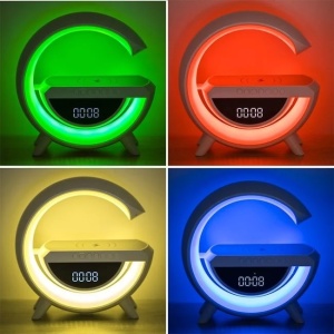 Lampa Smart 7 Culori cu Ceas Difuzor, Wireless, Bluetooth, Incarcare RGB, 1200mAh, 24x9x25 cm, alb - Img 5