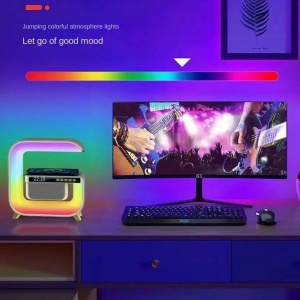 Lampa Smart LED RGB cu difuzor Bluetooth, Incarcare Wireless 15 W pentru Mobil, Ceas, Lumina Ambientala, Alarma, Alb - Img 3