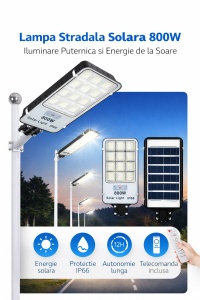 Lampa solara stradala, Putere 800W, Protectie IP66, Senzor lumina si miscare, Telecomanda - Img 2