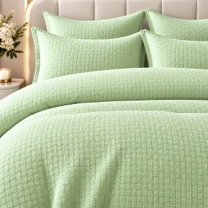 Lenjerie de pat matrimoniala, Bumbac tesut, 6 piese, Cearsaf 230×250 cm, Husa pilota 200×230 cm, 4 fete de perna, Culoare Verde fistic