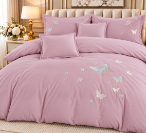 Lenjerie de Pat Matrimonială din Bumbac Satinat, 6 Piese, Cearșaf cu Elastic, Broderie Fluturi,Culoare Roz pudrat
