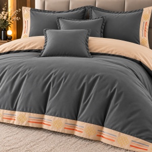 Lenjerie de pat premium cu broderie aurie, Bumbac, 6 piese, Husa pilota 200×230 cm, Cearșaf 230×250 cm, 4 fete de perna, Culoare Gri închis
