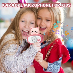 Microfon si difuzor pentru karaoke, pentru copii 3 ani+, Bluetooth, Plastic, Alb-Roz - Img 5