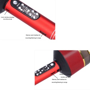 Microfon Wireless cu Bluetooth si Difuzor, slot TF card, AUX, USB flash drive, 25.5 x 9 cm, Rosu-auriu - Img 6