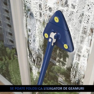 Mop triunghiular, cu stoarcere si rezerva extra, pentru podele, geamuri sau alte suprafete, maner telescopic, albastru - Img 3