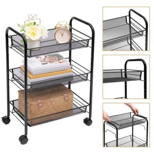 Organizator metalic multifunctional, cu 3 rafturi, cu roti, 64x44x26cm, negru - Img 2