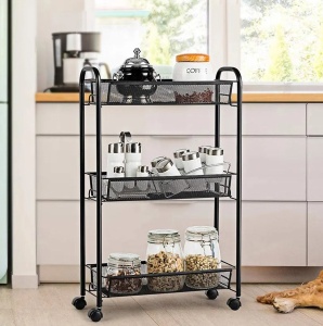 Organizator metalic multifunctional, cu 3 rafturi, cu roti, 64x44x26cm, negru - Img 5