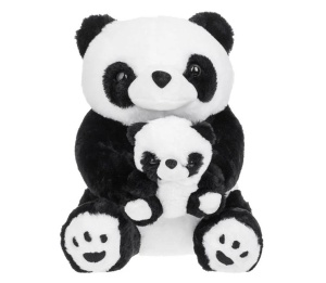 Panda de Pluș Așezat cu Pui, 26×26×38 cm, negru/alb