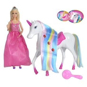 Papusa printesa cu rochie, unicorn cu lumini si accesorii incluse