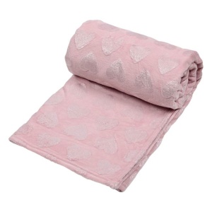 Patura catifelata la atingere, pentru o singura persoana, model reliefat cu inimioare si lurex auriu, 220x150 cm, roz - Img 1