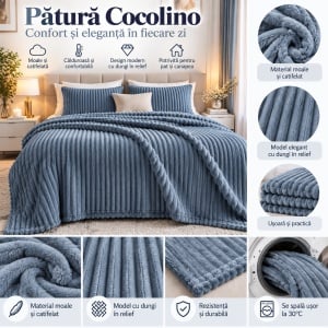 Pătură Cocolino Pufoasă și Catifelată, Model cu Dungi în Relief, 200x230 cm, Culoare Albastru Denim - Img 3