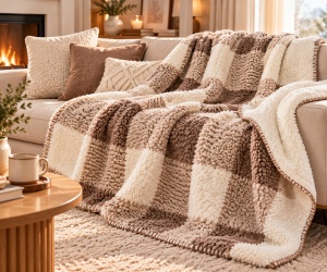 Patura din Imitatie de Blana Shaggy cu doua fete catifelate, Aspect de blanita cu model in carouri, Dimensiune 160x130 cm, Crem/Maro - Img 2