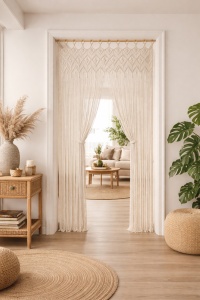 Perdea decorativa macrame ecru pentru usa, Dimensiuni 200x100cm, Culoare Bej - Img 2
