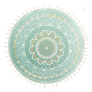 Perna de podea rotunda, model mandala cu franjuri, fara fermoar, Ø60 cm, verde/auriu - Img 1