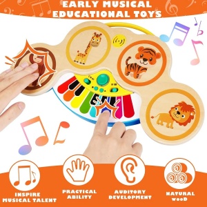 Pian si tobe din lemn, pentru copii 1 an+, 2 in 1, Magic Touch, cu sunete si lumini - Img 3
