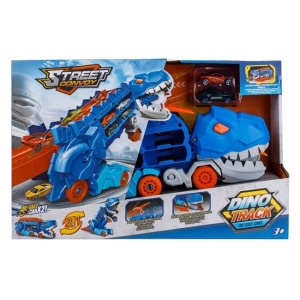 Pista pliabila cu camion in forma de dinozaur, cu 2 vehicule, 46x15x30cm, albastru - Img 3